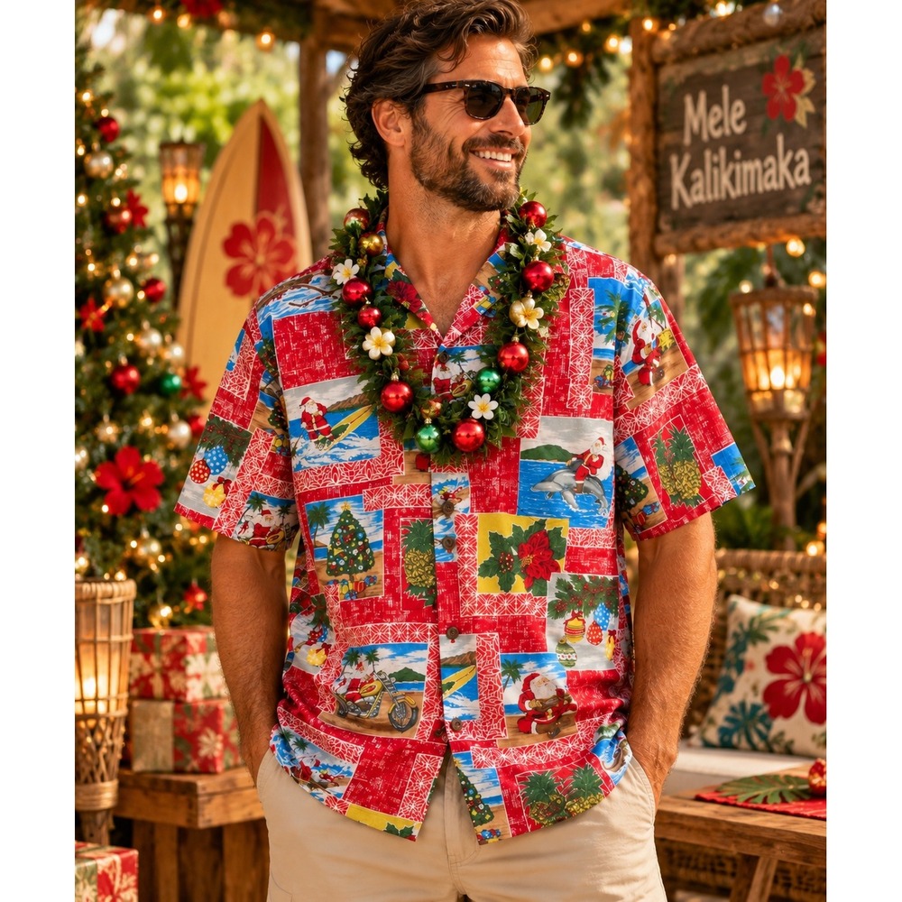 Vintage Pacific Legend Men's Christmas Hawaiian Shirt Red Santa Arrives Hawaii M